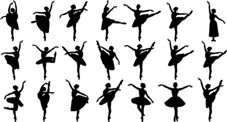 Collection of various ballet dancer poses in silhouette on white background © Afia