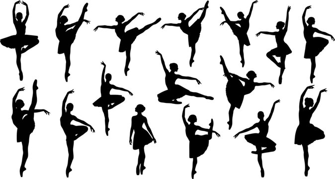 Multiple silhouettes of ballet dancers in various poses on white background