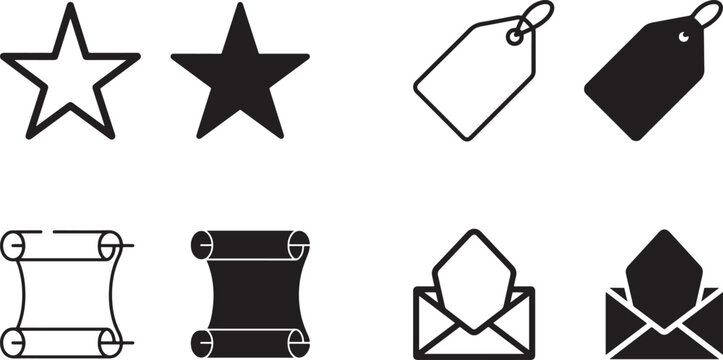 black and white icons of stars tags and scrolls