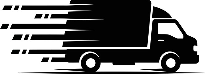 Large delivery truck driving fast with motion lines moving quickly on road