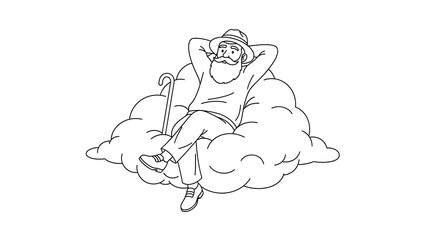 Obraz premium Elderly man with a long beard and hat relaxing peacefully on a fluffy cloud with a walking stick