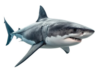 Powerful, streamlined great white shark with textured grey and white skin, dynamically swimming towards the viewer with an open mouth revealing rows of sharp, isolated on transparent background.
