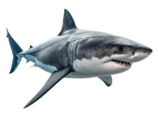 Powerful, streamlined great white shark with textured grey and white skin, dynamically swimming towards the viewer with an open mouth revealing rows of sharp, isolated on transparent background.