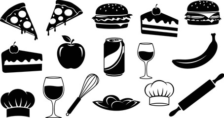 black and white food and drink icons on white background © Afia