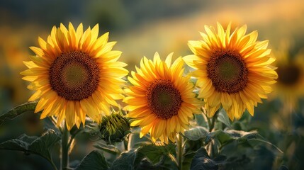 Obraz premium Three sunflowers with seed-filled heads glowing in sunlight highlight natural vitality, seasonal growth, and vibrant floral beauty. 