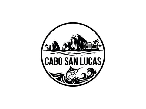 Cabo San Lucas city of Mexico skyline emblem with landmarks