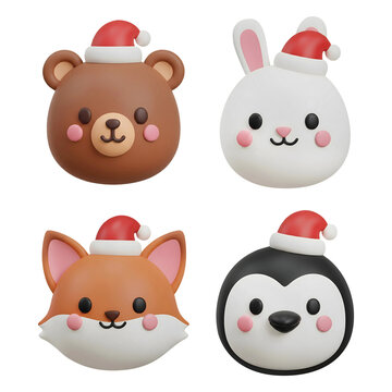3D cartoon cute Christmas animals set wearing Santa hat isolated on transparent background, PNG file