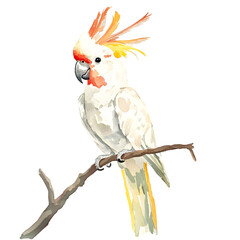 A white cockatoo perched on a branch, 2D, isolated on a transparent background.