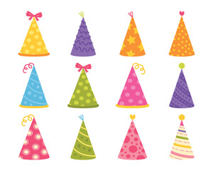 Party hat vector set with colorful patterns. Collection of festive cone caps for Happy New Year, birthday and carnival celebration