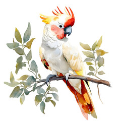 A cockatoo perched on a branch, 2D watercolor, isolated on a transparent background.