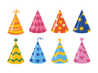 Happy birthday and holiday design elements. Colorful vector hats suitable for New Year, carnival and anniversary invitation