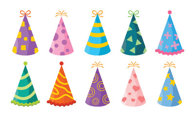 New Year and carnival party cones. Vector set of cute birthday hats with geometric patterns and tassels