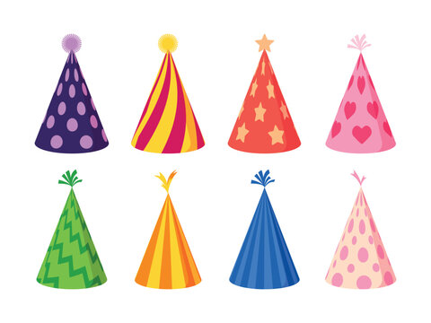 Vector set of colorful party hats with various patterns. Collection of festive caps for birthday, New Year and carnival celebration