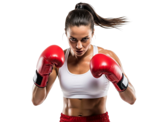 Determined boxer in fighting stance isolated on transparent background