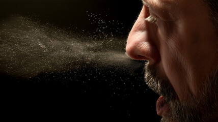 Man sneezing with particles expelled from nose and mouth, illustrating airborne transmission of respiratory infections such as whooping cough, cold, or flu. High detail on droplets