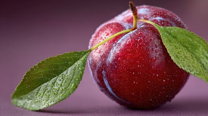 A close up of a single ripe plum with a green stem, symbolizing freshness, natural sweetness, and simple nutrition.
