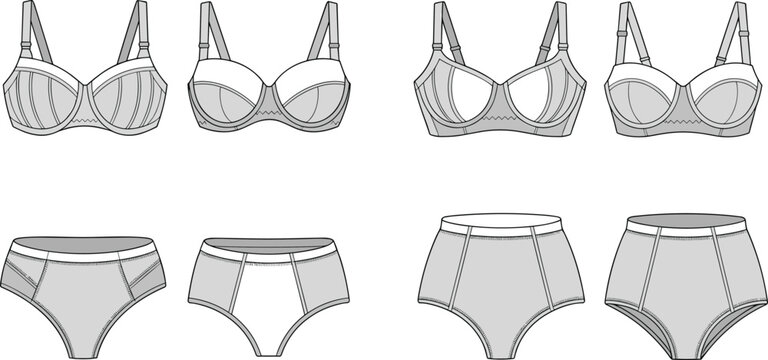 Line Art Illustrations of Bras and Panties in Different Styles on White Background lingerie underwear