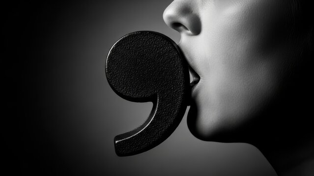 A black and white image of a person with a large comma symbol in their mouth.