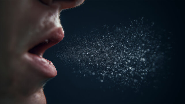 Person coughing, releasing microscopic droplets into the air. Visual representation of how respiratory diseases like colds, flu, or whooping cough spread through airborne particles