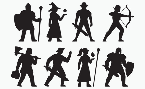 Fantasy RPG Game Characters Black Silhouette Vector Icon Set