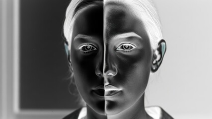 A woman's face split in half, with the right side being a photographic negative.