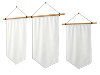 Clean, rectangular white canvas banners with gently ruffled edges and reinforced stitching, suspended from a light wood rod with minimalist black and brass, isolated on transparent background.