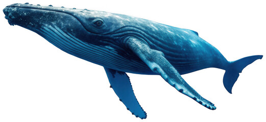 A colossal, realistically rendered humpback whale with mottled blue-grey skin exhibiting intricate patterns of barnacles and scars, gracefully swimming through a, isolated on transparent background.
