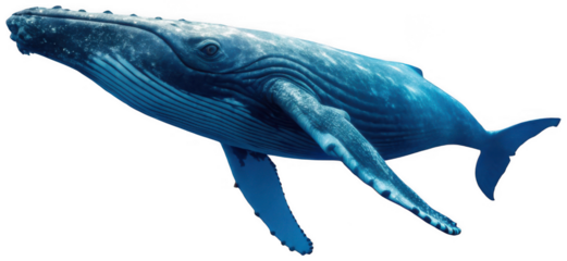 A colossal, realistically rendered humpback whale with mottled blue-grey skin exhibiting intricate patterns of barnacles and scars, gracefully swimming through a, isolated on transparent background.
