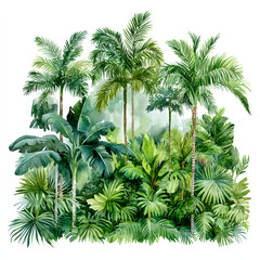 Tropical tree group, 2D watercolor.