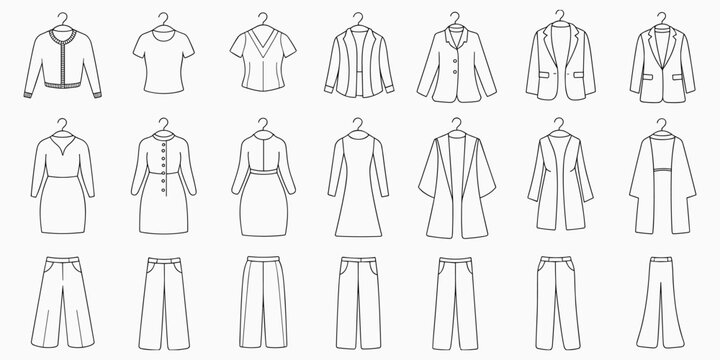 Outline Illustrations of Women's Clothing on Hangers Keywords: clothing, fashion, apparel, women, female, garments, outfit