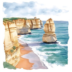 A group of limestone pillars known as the "Twelve Apostles" stand majestically by the ocean on the coast of Victoria. (2D watercolor)