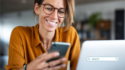 Faceless woman using smartphone and laptop with search bar interface, artificial intelligence search technology and voice input innovation, defocused devices, with copy space