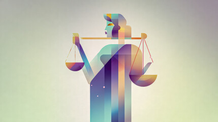 Minimalist surreal depiction of justice symbolism using abstract geometry and calm color gradients to convey balance, fairness, equality, and human-centered values.