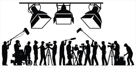 Silhouette of a film production crew with cameras boom mics and lighting on white background Keywords: film production, movie © Rasel