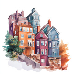 Several houses situated on a hill. 2D watercolor.