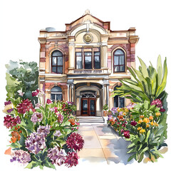 Beautiful Victorian-style building, 2D watercolor painting.