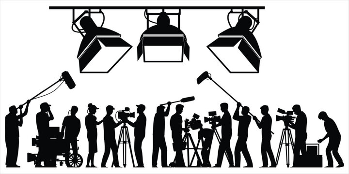 Silhouette of a film production crew with cameras boom mics and lighting on white background Keywords: film production, movie