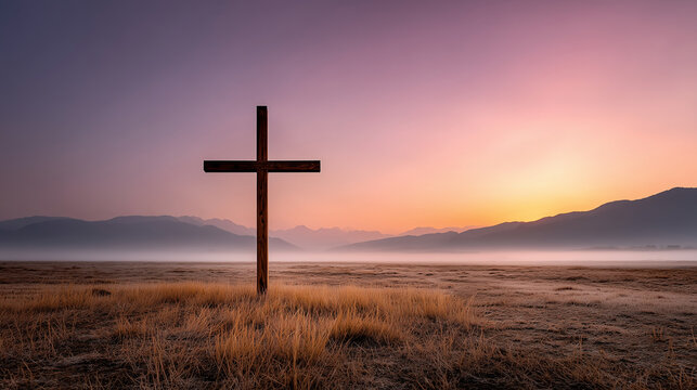 a solitary wooden cross standing in a quiet field of soft wheat, early dawn atmosphere, gentle mist hugging the ground, distant mountains barely visible, muted pastel sky with soft