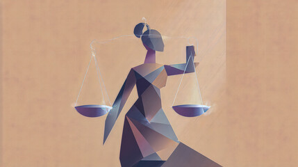 Abstract symbolic illustration of justice created with minimal shapes and smooth color transitions, representing human fairness, equality, balance, and ethical awareness.