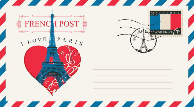 Vector greeting card with Eiffel Tower,  France. Or vintage postal envelope with heart sign and words i love Paris. French school. Valentine's Day. Travel agency banner. No AI used
