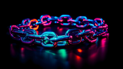 Dynamic Neon-Lit Metal Chain Loop Reflecting Vivid Blue, Magenta, and Orange Hues on Black