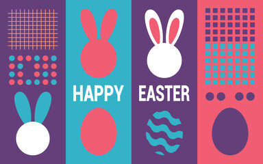Vibrant Happy Easter greeting card banner featuring abstract geometric patterns, stylized bunny ears, and colorful decorative eggs.