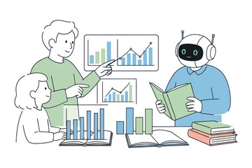 Teamwork collaboration with robot and charts