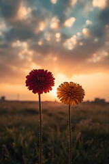 Wide angle view depicting two solitary flowers a deep crimson red flower and a warm golden yellow flower,both featuring ultra-detailed petals and rich textures.