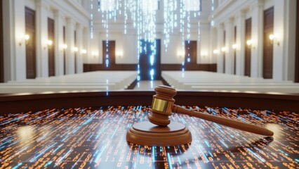 Modern courtroom with gavel on digital data display