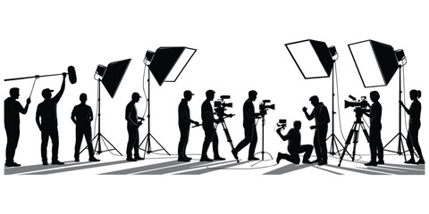 Silhouettes of Film Crew with Cameras and Lighting Equipment Keywords: film, movie, production, crew, camera, video, lighting © Rasel