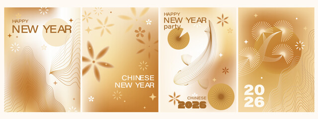 Lunar new year cards in beige, golden, white shades. Koi fish, flowers, mountains, sun gradient background. Blurred, unfocused modern design with line art.