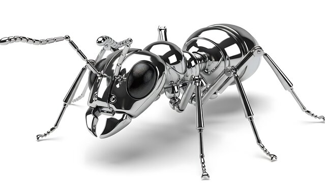 Chrome Robotic Ant on White Background