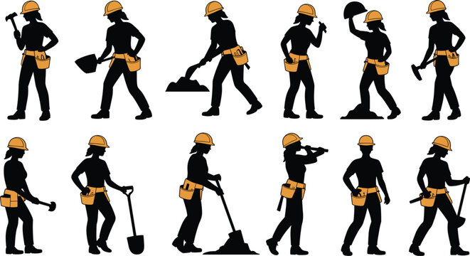 Silhouettes of Women Construction Workers Performing Various Tasks on White Background Keywords: construction, worker, woman