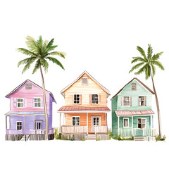 A vibrant watercolor painting of a beachside vacation home. 2D watercolor.